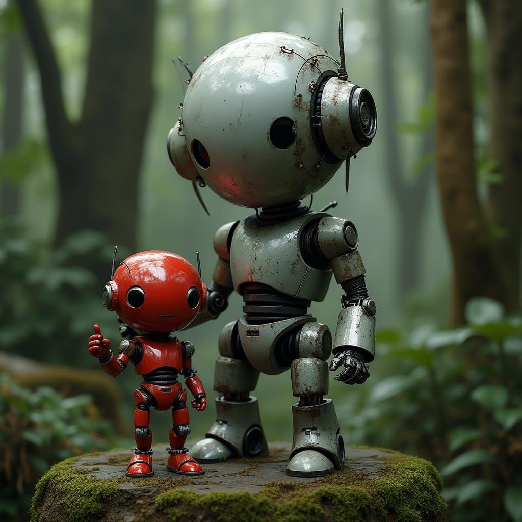 Hyper-Realistic Robots in Rainforest, Syd Mead Style