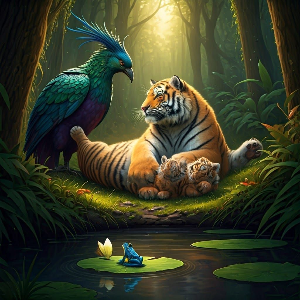 Siberian Tiger Family in Dreamlike Forest Scene