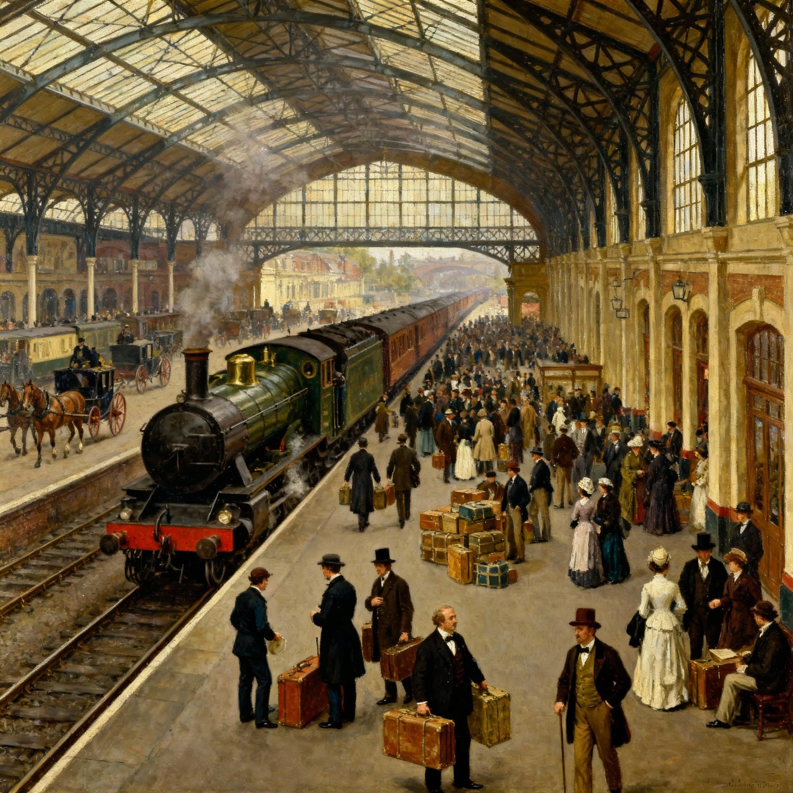 Busy Victorian Railway Station Painting