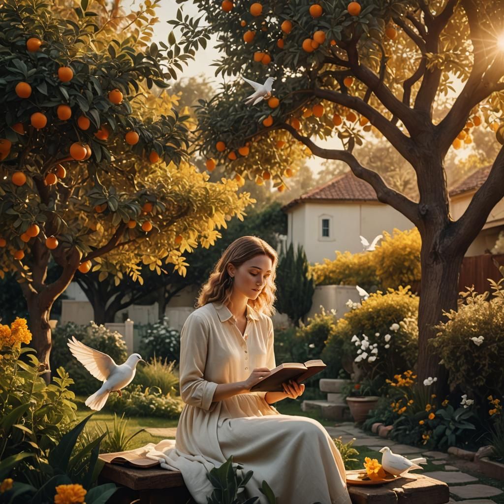 Woman Reading Bible in Garden at Golden Hour