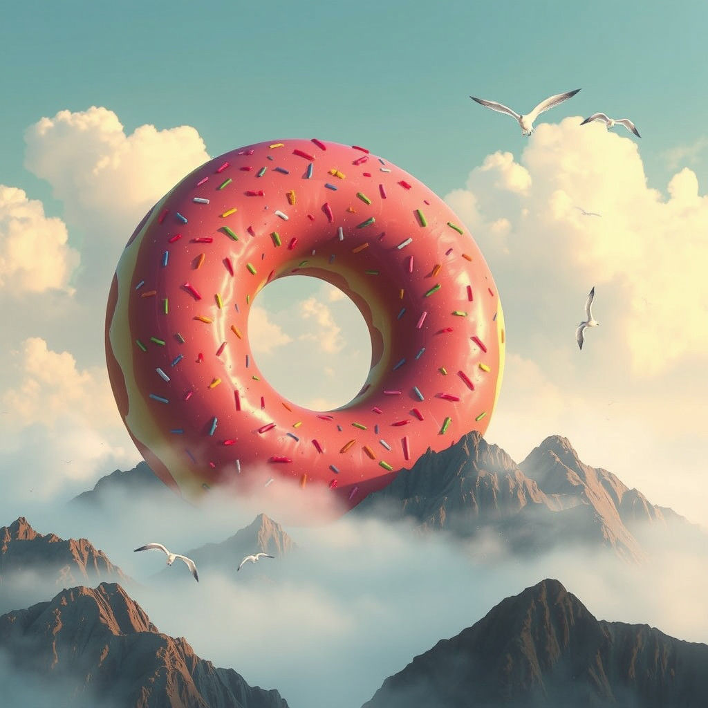 Giant Donut on Misty Mountain, Whimsical Art