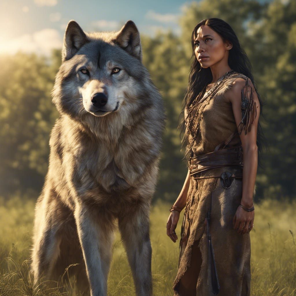 Native Cherokee woman standing next to a Timber Wolf on a grassy knoll. Dynamic lighting, Photorealistic, sunny blue sky...