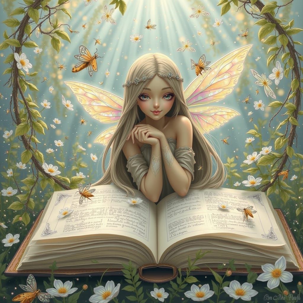 Painted portrait of a petite garden fae with opalescent wing...