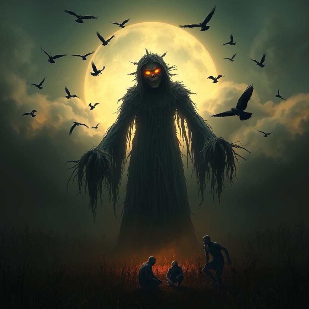 Colossal Scarecrow Spirit at Dusk, Amber Eyes Glow