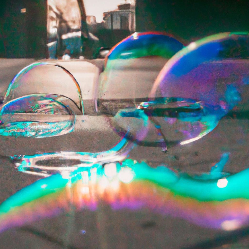 Iridescent Soap Bubbles Over City in Splash Art