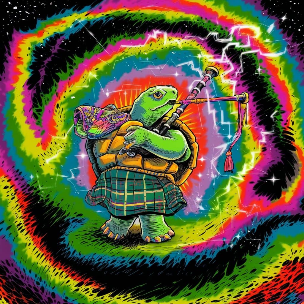 Tortoise Plays Psychedelic Bagpipes in Kilt