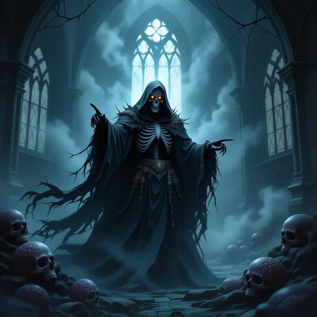 The Grim Reaper with his scythe crackles wit...