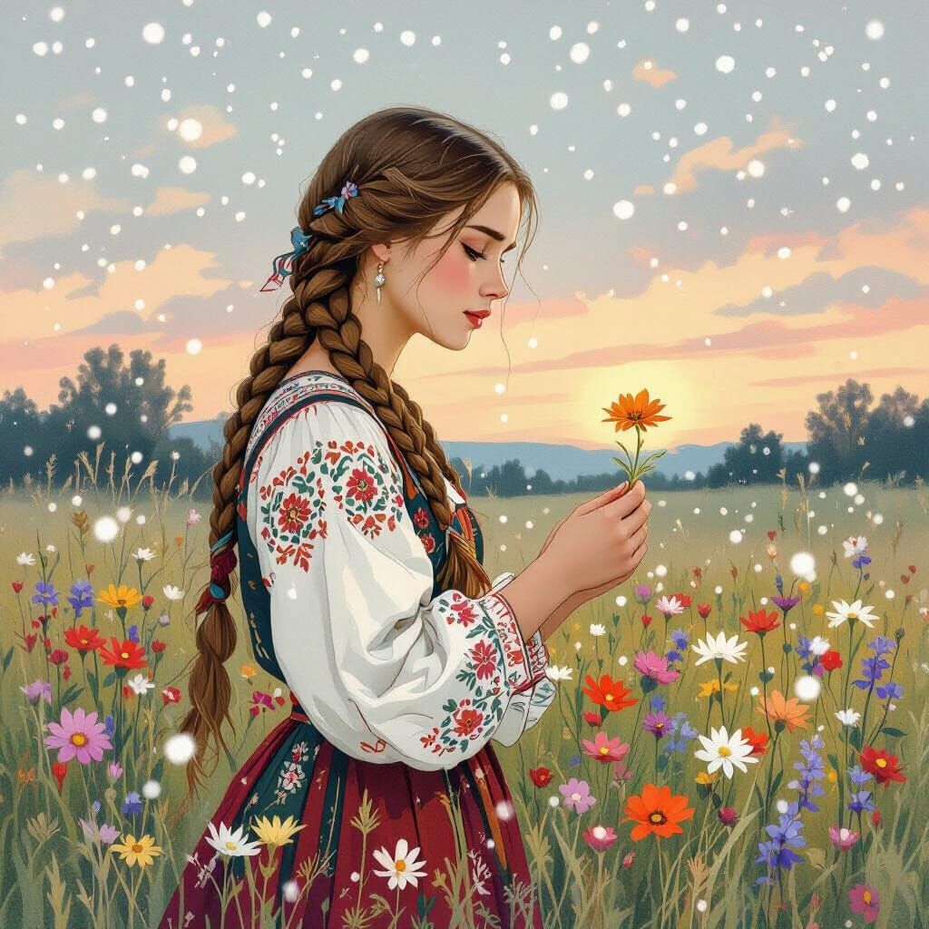 Slavic Woman Searches for Magic Flower as Pastel Illustratio...