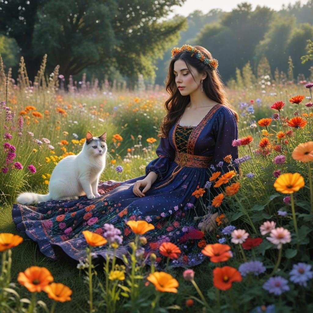 Enchanting Flower Field with Witch and Cat
