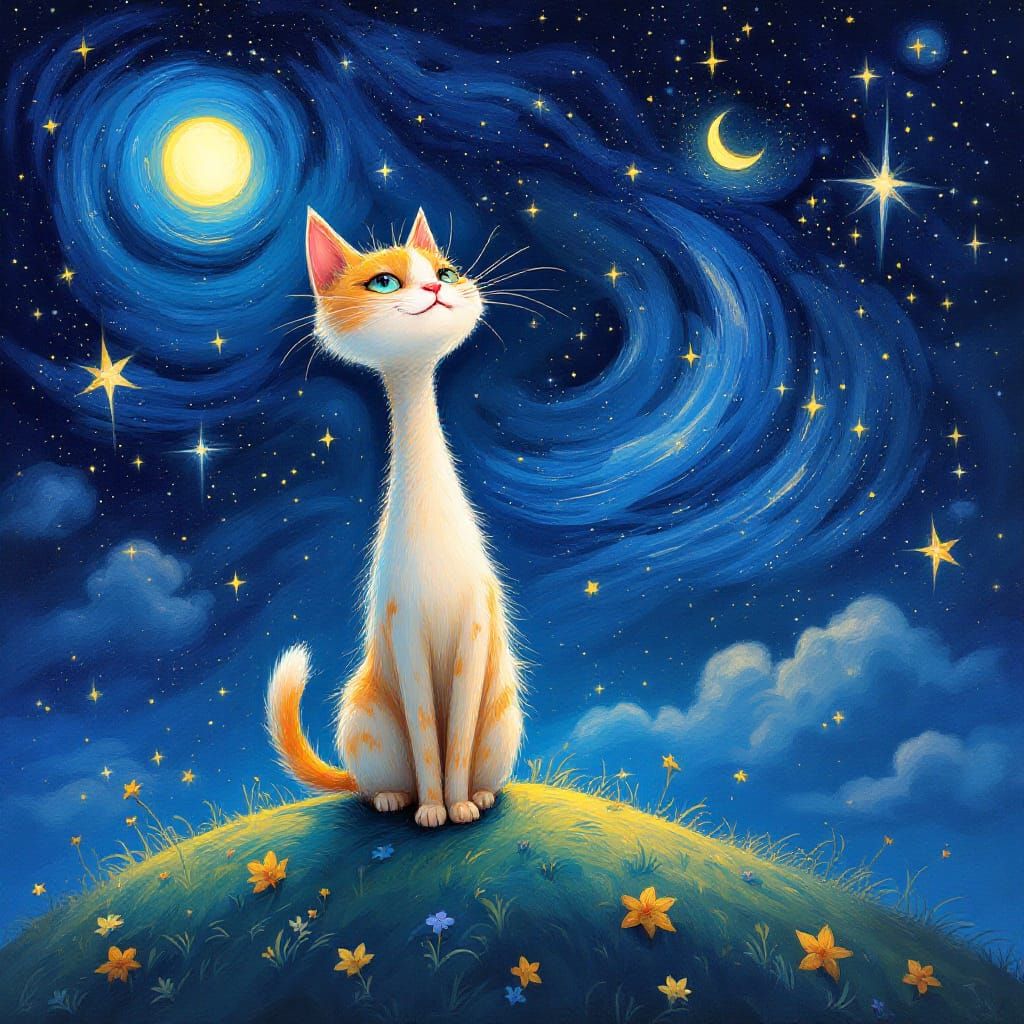 Whimsical Long-Necked Cat Under Starry Night Sky