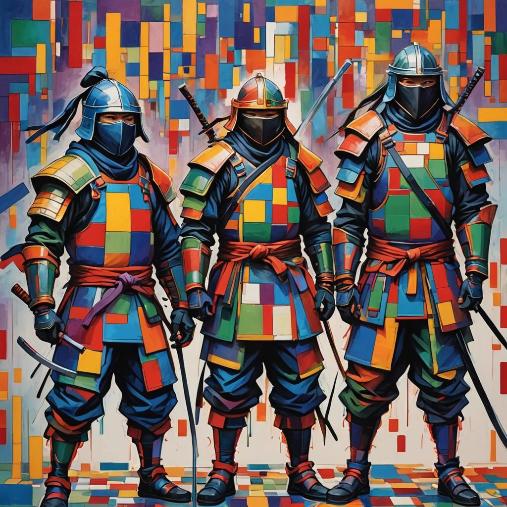 Colorful Ninjas and Samurai in Abstract Expressionism