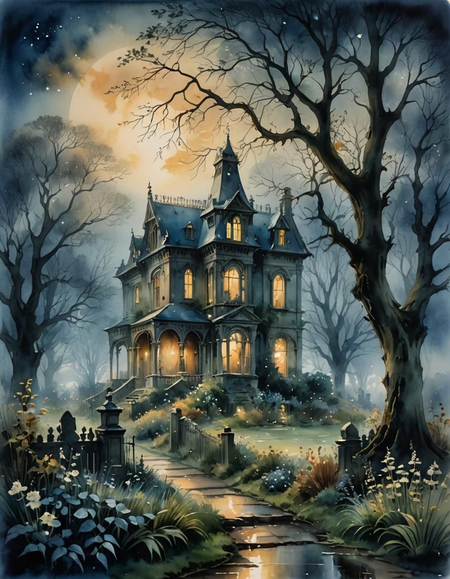Victorian Haunted House in Romantic Watercolor