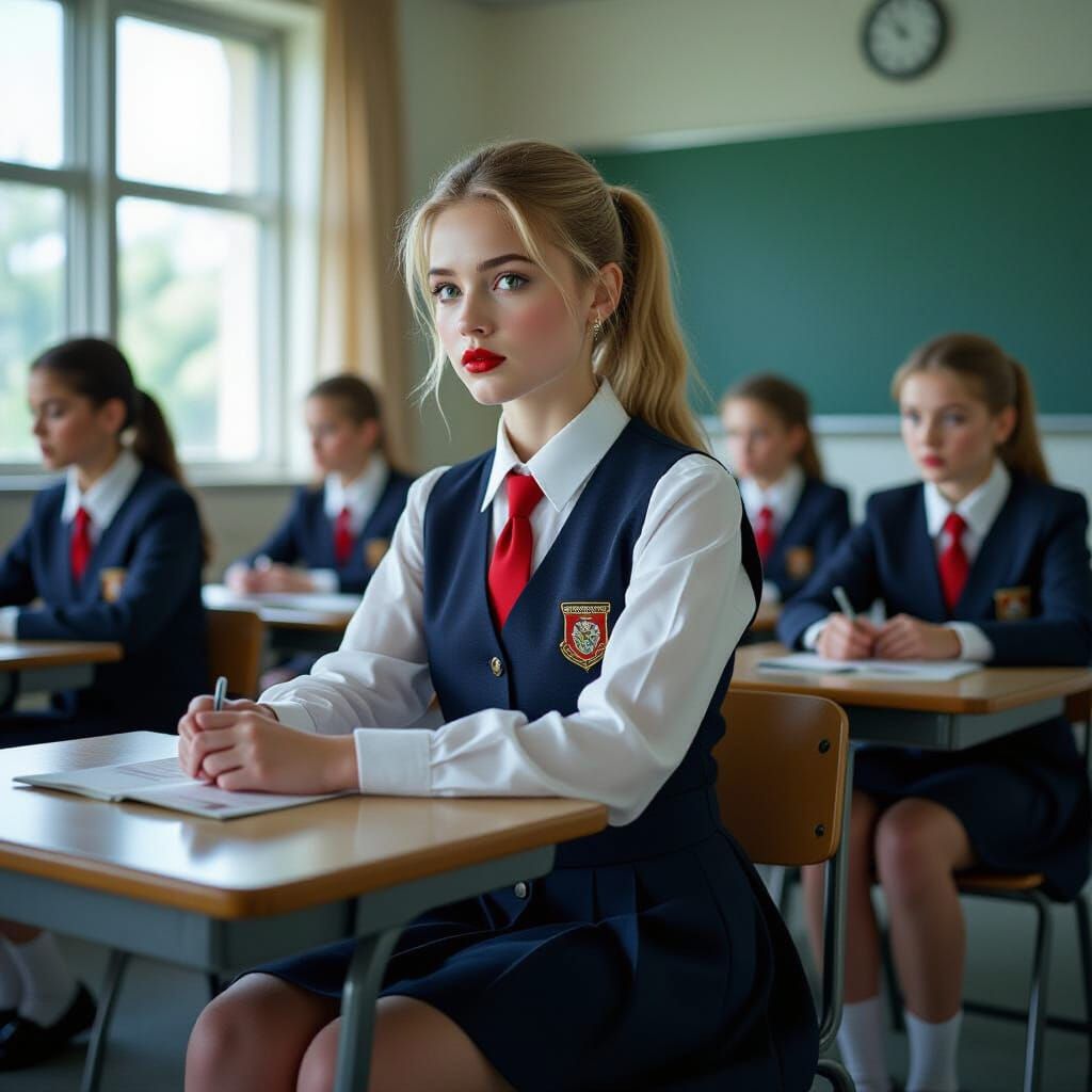 Schoolgirl Lena in Classroom: Cinematic Film Still