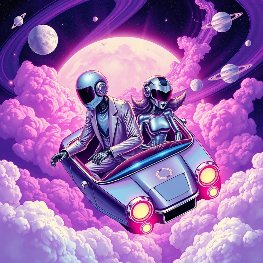 Retro-Futuristic Robot Couple Embark on Cosmic Road Trip