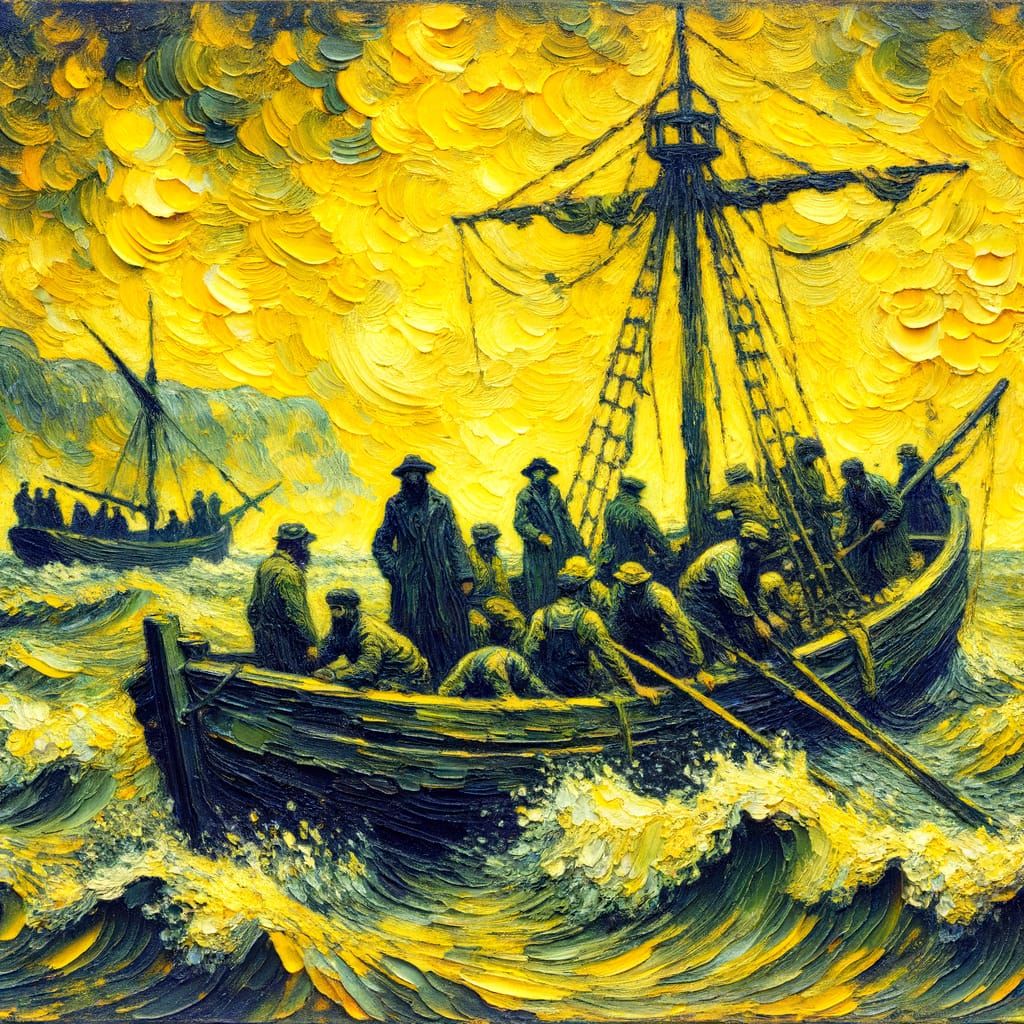 Expressionist Seascape: Fishermen in Dramatic Yellow Waters