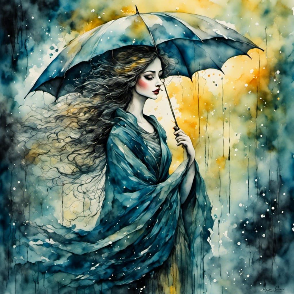 <lora:Doll:1.0> <lora:Woodsplash:1.0> <lora:Watercolor D3:1.0> Dark and Moody Watercolor a beautiful woman crying In the...