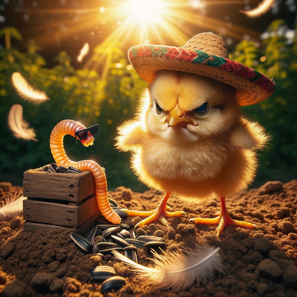 Grumpy Chick and Worm in Farmyard Scene