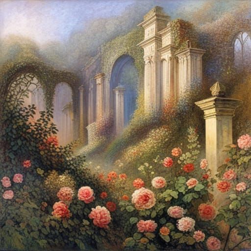 Sunlit Ruins with Roses in Dreamlike Illustration