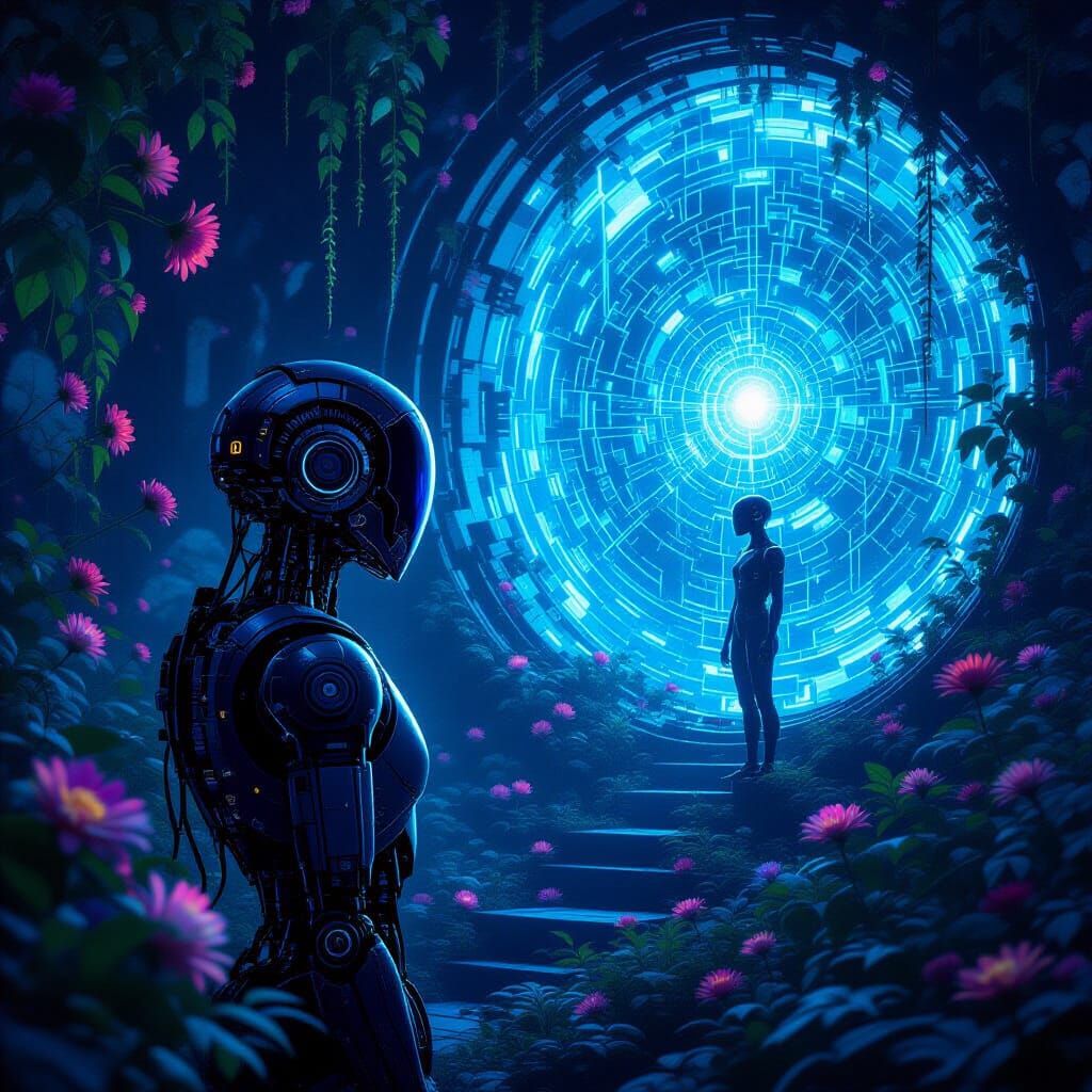 AI Android Gazes into Digital Void in Surreal Neon Light