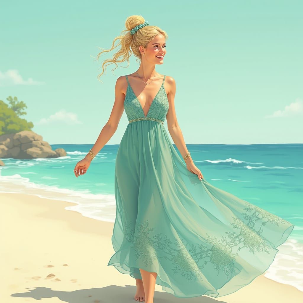 Blonde Woman on Beach in Art Nouveau Style