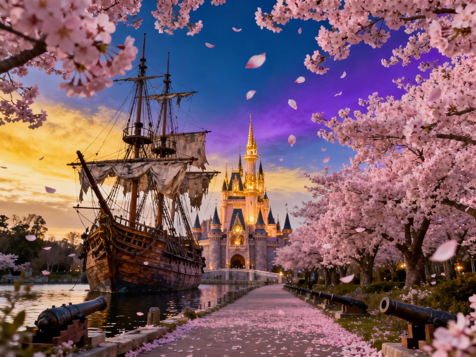 Enchanting Cherry Blossom Path to Disney Castle with Pirate ...