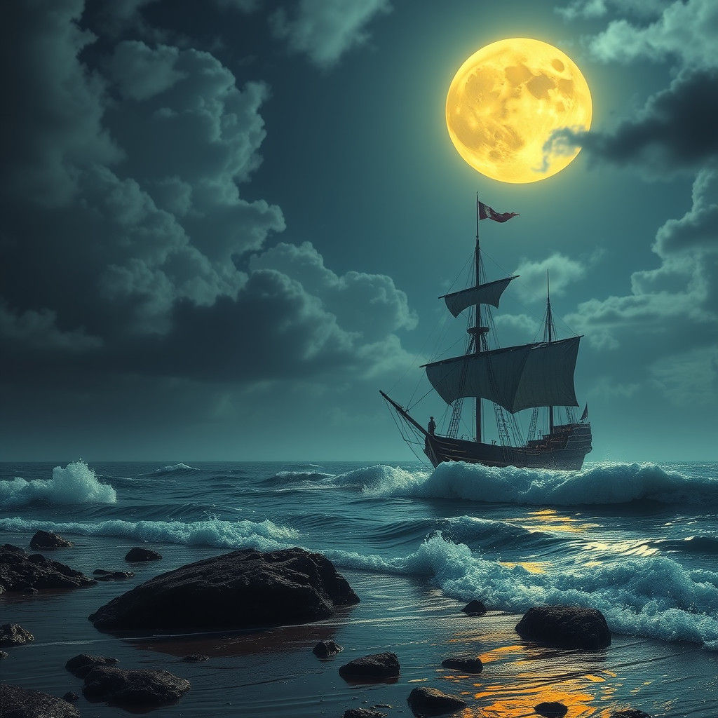 Seashore at Night with Yellow Moon, Detailed Painting