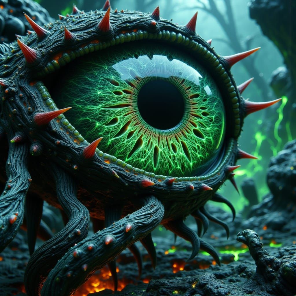 Glowing Eye with Tentacles and Thorns in a Dark, Biomechanic...