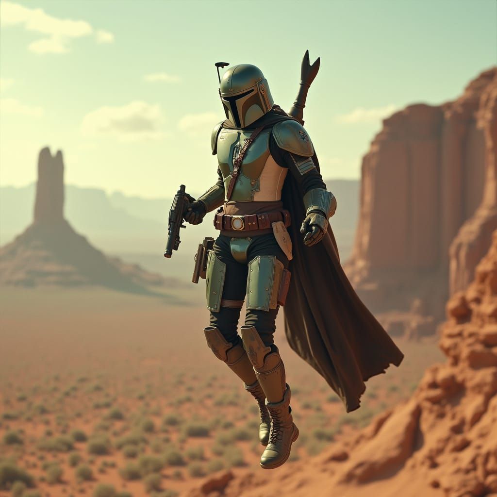 Female Mandalorian Soaring Through Desert Skies