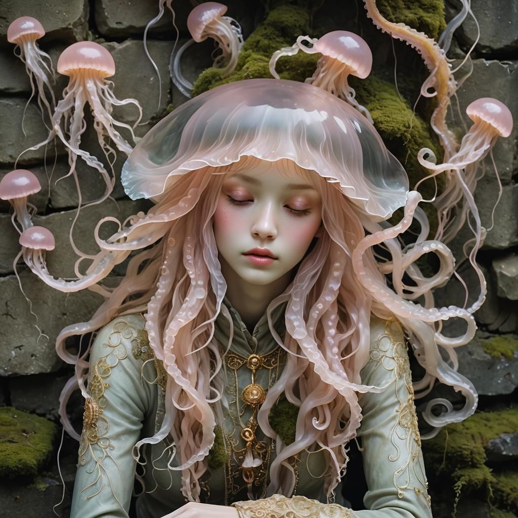 Anthropomorphic Jellyfish Woman Contemplation in Dreamlike S...