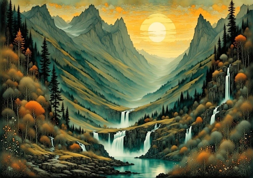 Majestic Mountain Waterfall Landscape in Art Nouveau Style
