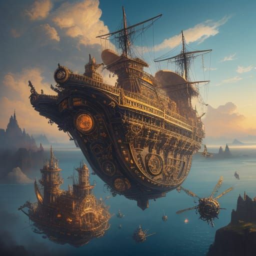 Steampunk Fox Airship Soaring Through Clockwork Skies