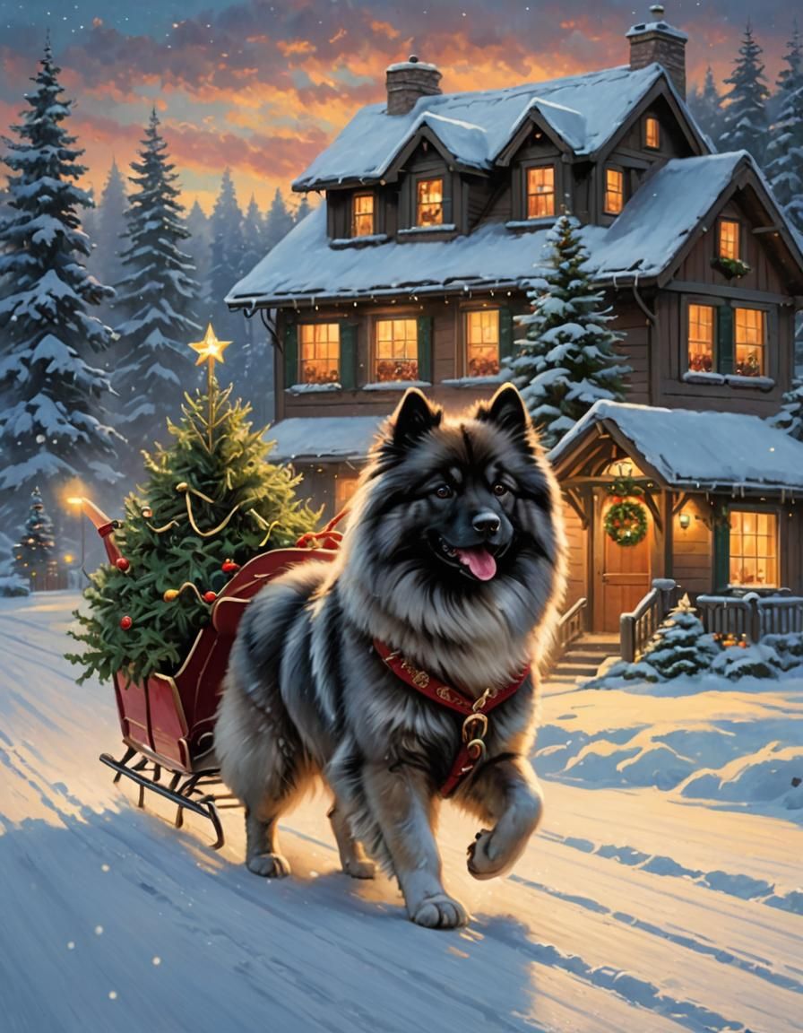 Keeshond Dog Pulling Christmas Sleigh, Kinkade Style