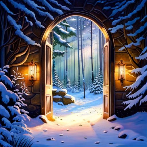Magical Doorway: Snowy Woods Meet Summer Forest