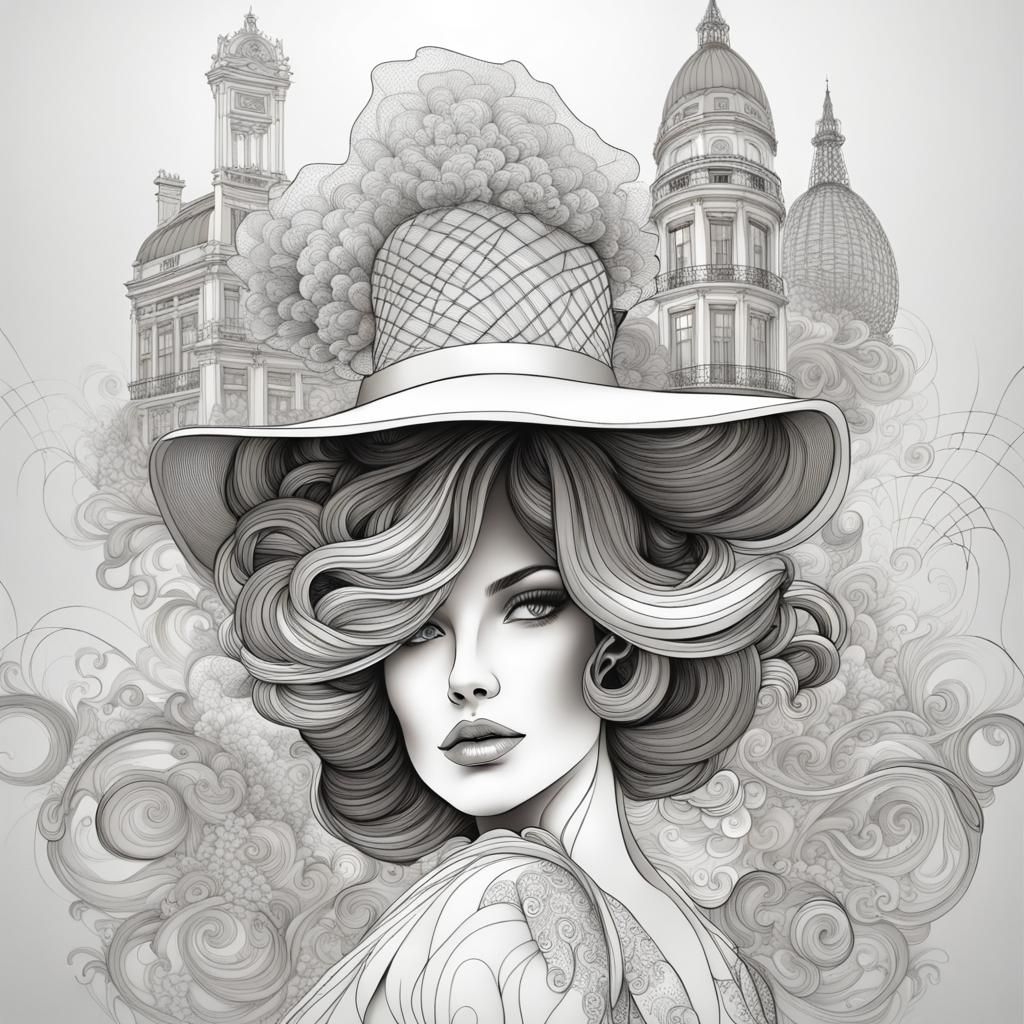 Elegant Woman in Easter Hat: Detailed Line Drawing
