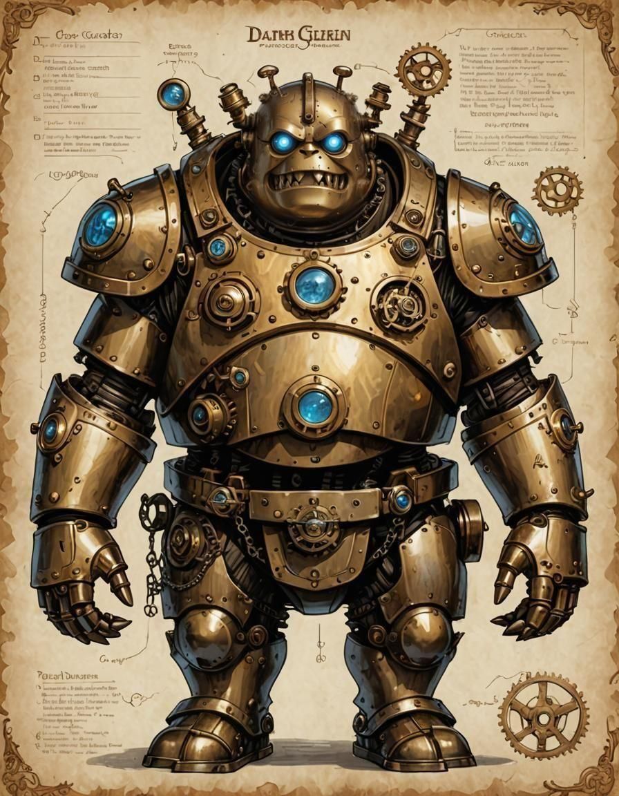 Steampunk Golem D&D Character Sheet in Brass