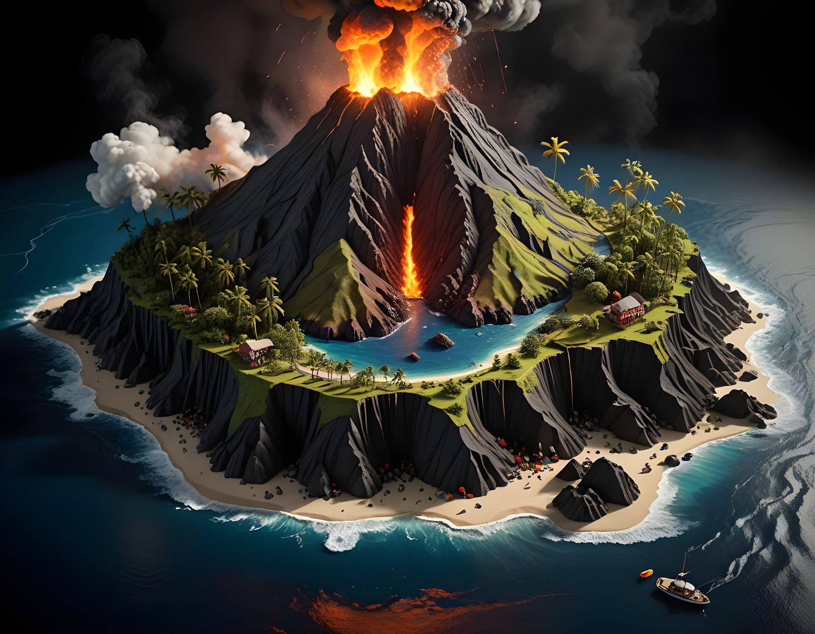 Isometric Miniature Diorama of an Erupting Oceanic Volcano