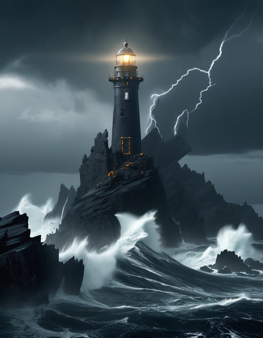 Obsidian Lighthouse on Floating Island in Stormy Seas