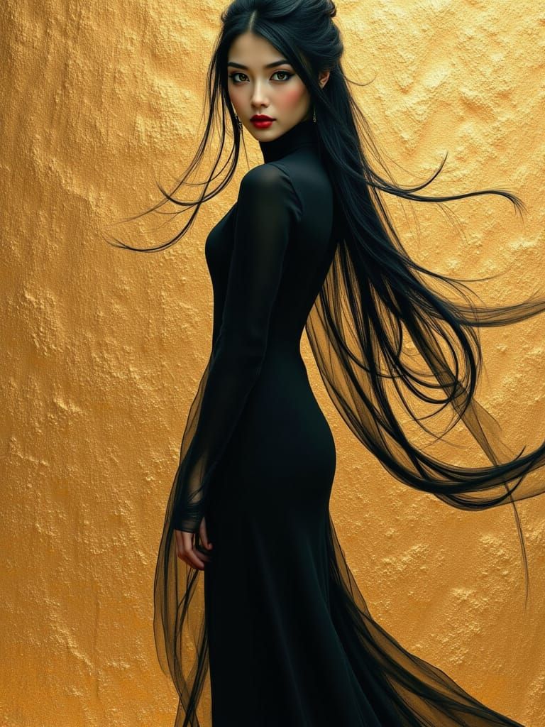 Japanese Pin Up Woman in Black Dress