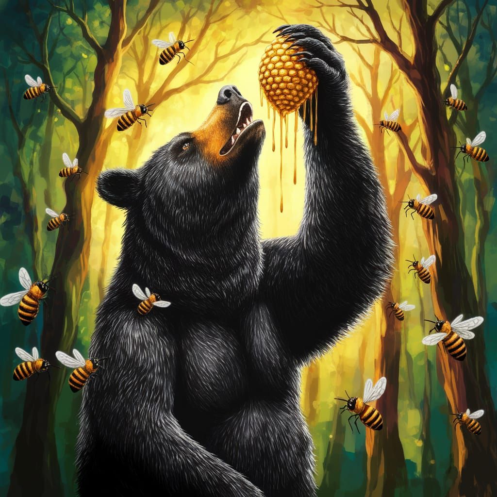 Glossy Black Bear Robs Honeycomb in Vibrant Forest, Alcohol ...