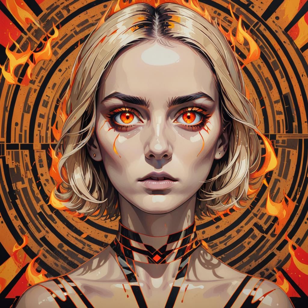 Firey portrait, burning eyes, flames in pupils