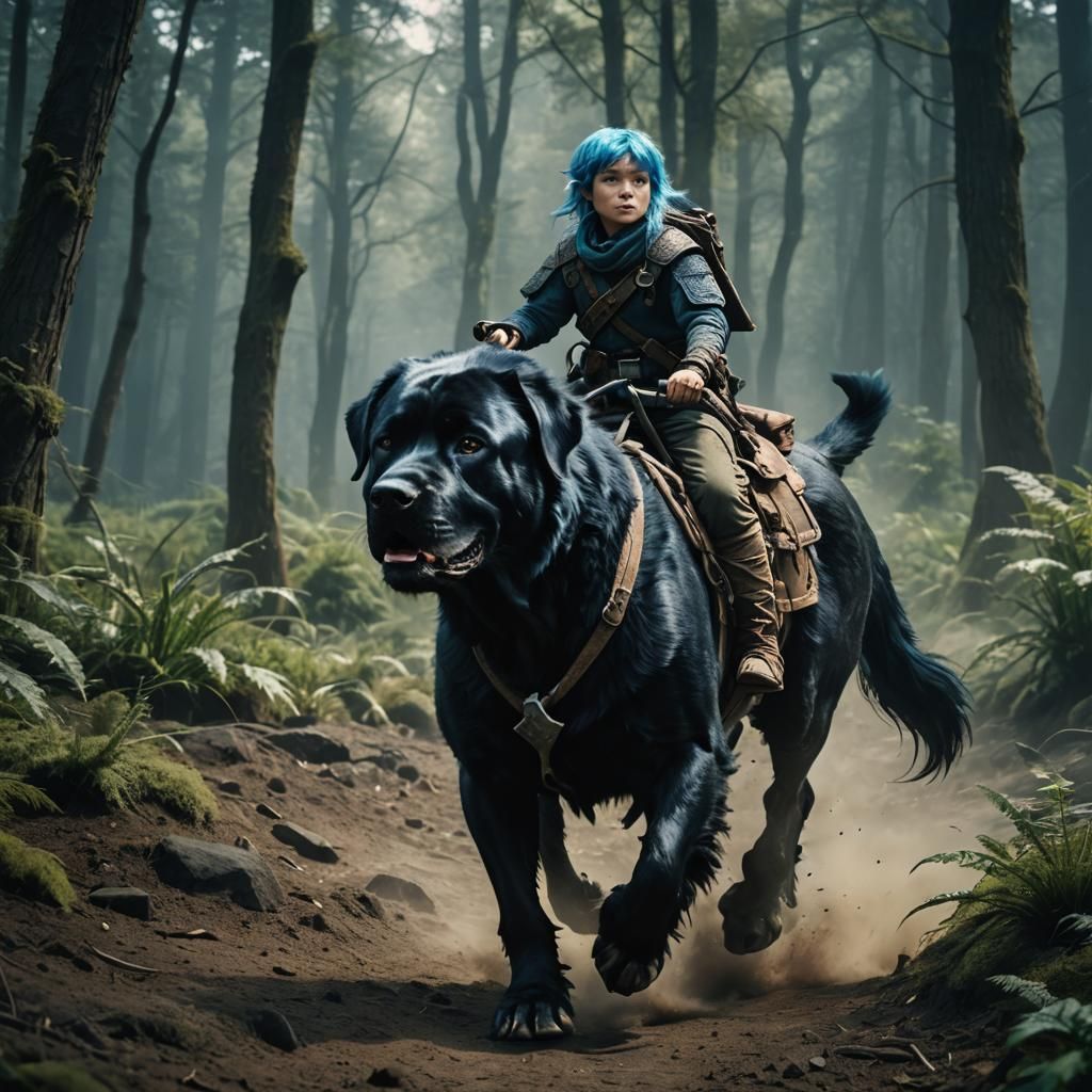 Halfling Ranger Rides Mastiff: Cinematic Film Still