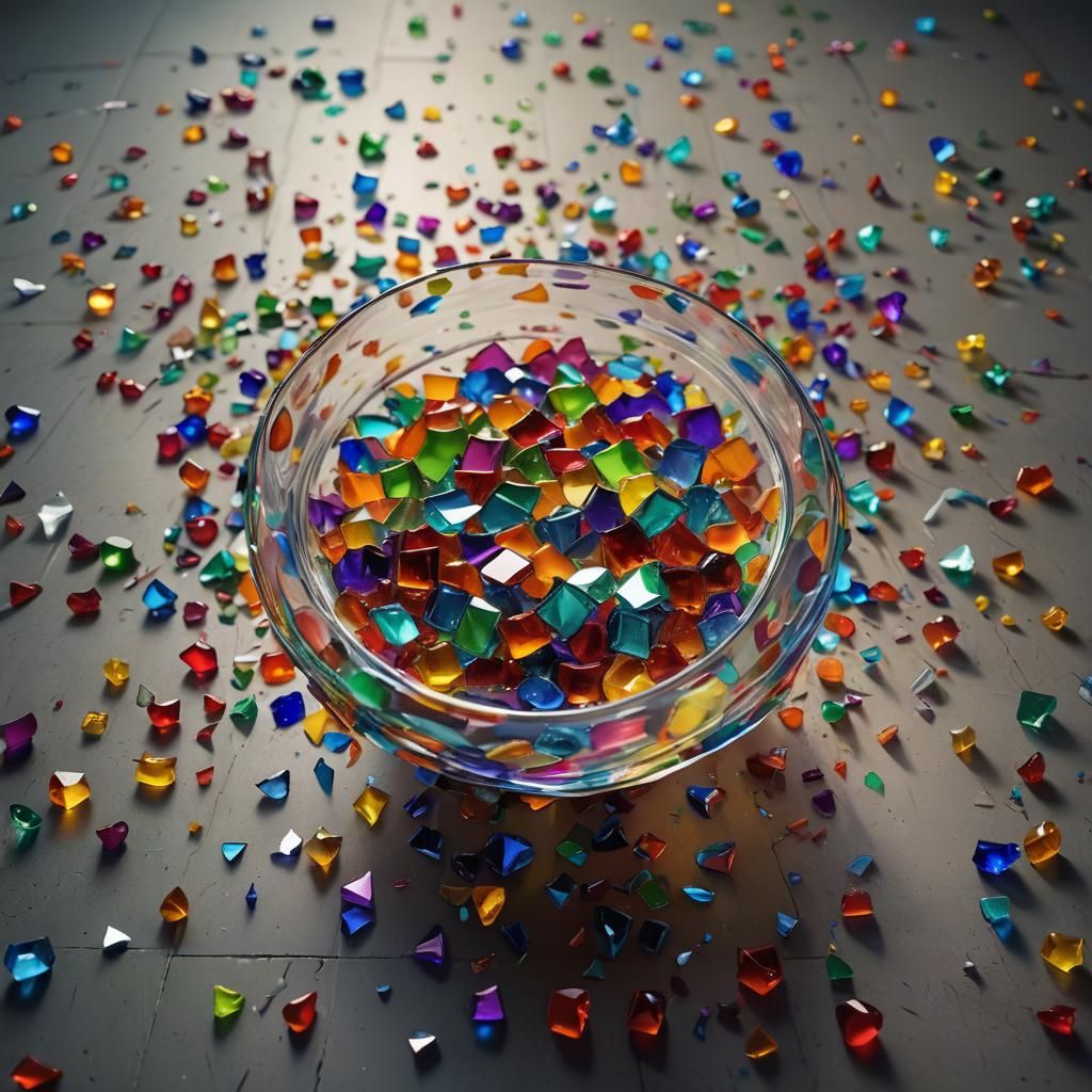 Rainbow Glass Fruit Bowl Shatters: Dreamlike Matte Painting