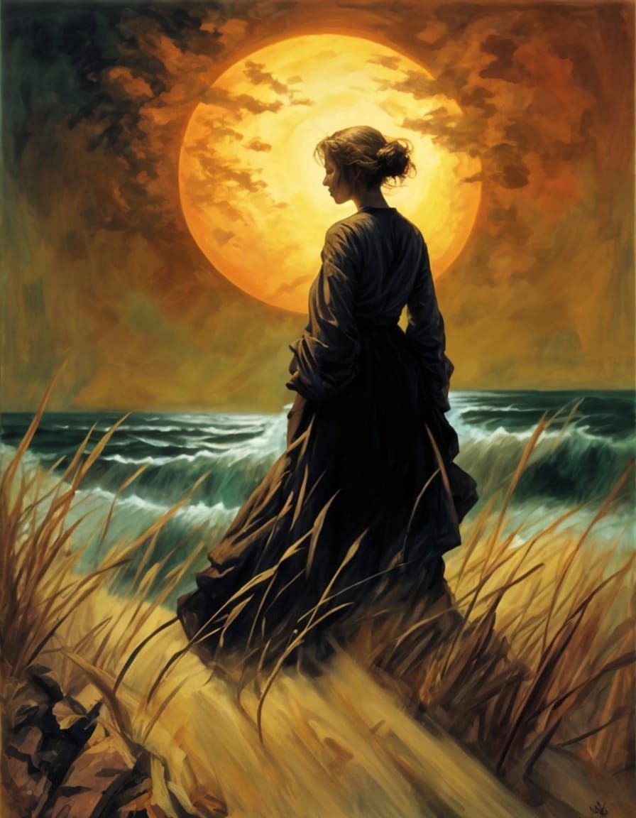 Woman in Contemplative Dark Fantasy Landscape