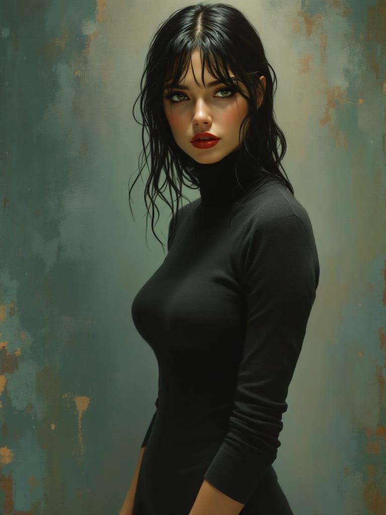 Pin-Up Woman With Green Eyes in Sweater Dress