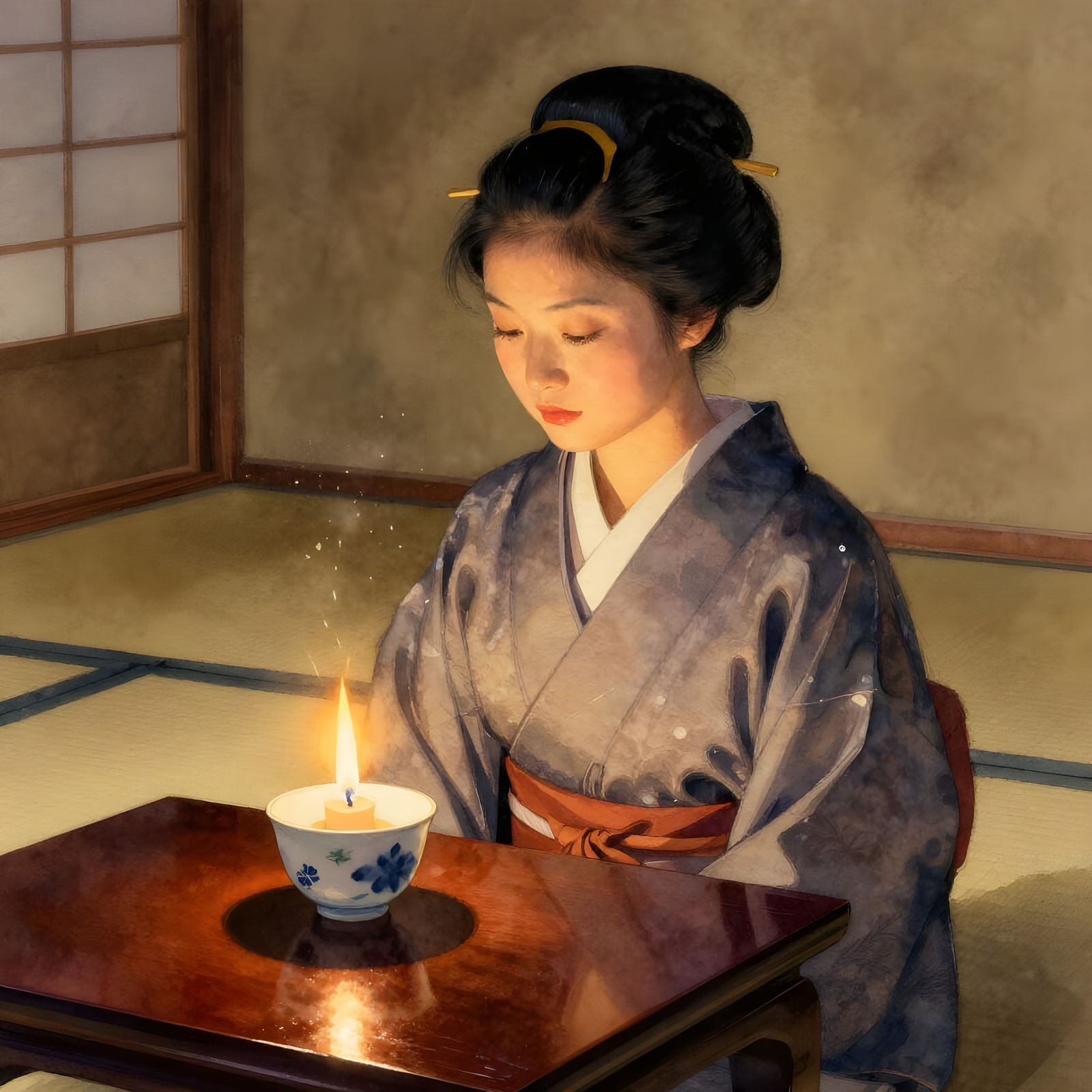 Japanese Tea Ceremony in Impressionistic Watercolor Style