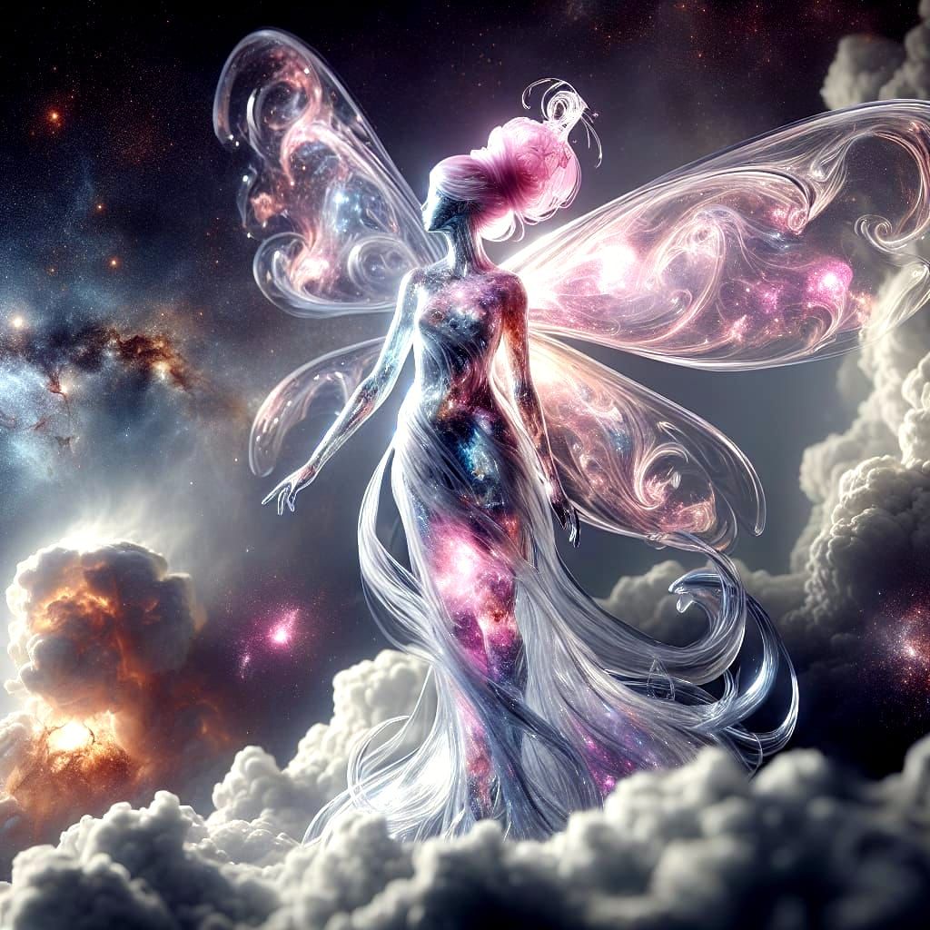 Glass Statue of Interstellar Fairy with Galaxy Wings