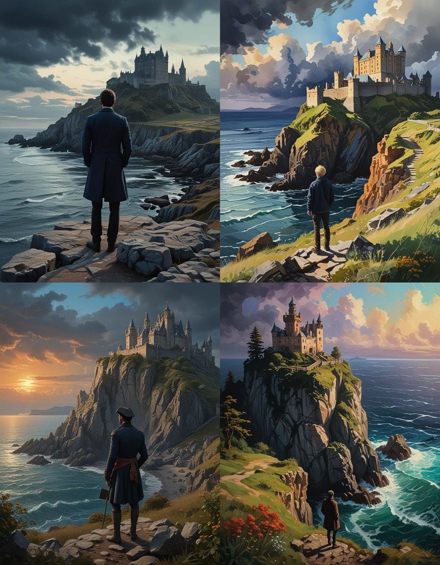 18th Century Man Overlooking Sea, Gouache Style