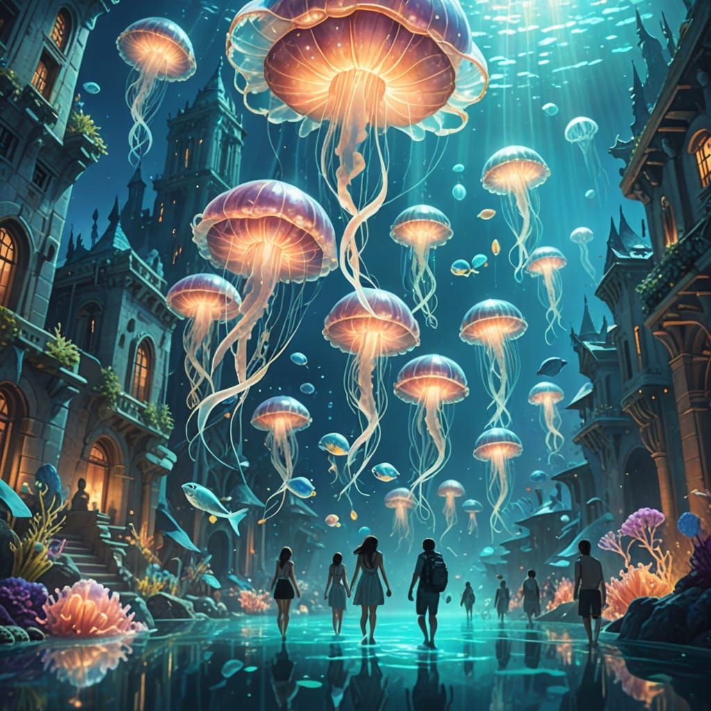 Atlantis City Life in Dreamy Watercolor Style