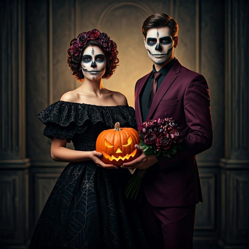 Halloween Couple in Sugar Skull Costumes