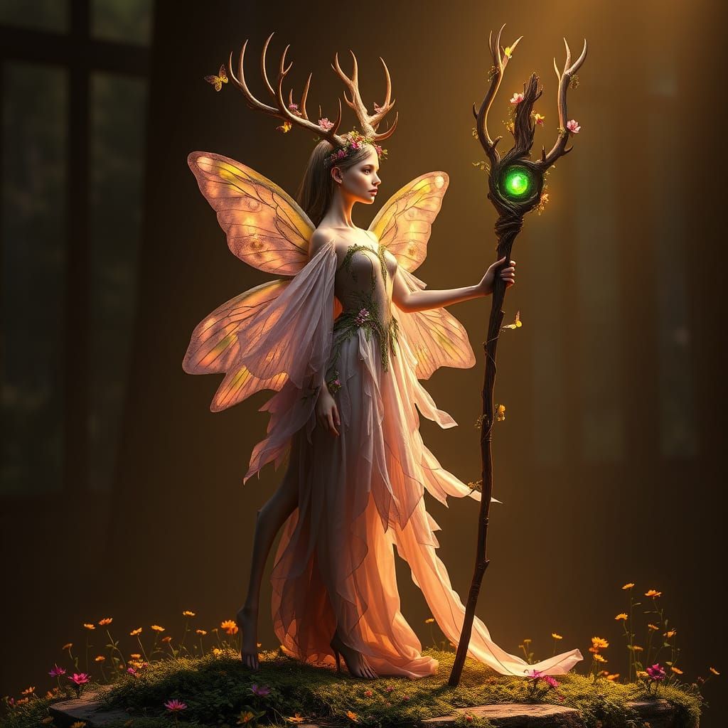 Ethereal Deer Goddess of Renewal and Rebirth in Vibrant, Shi...